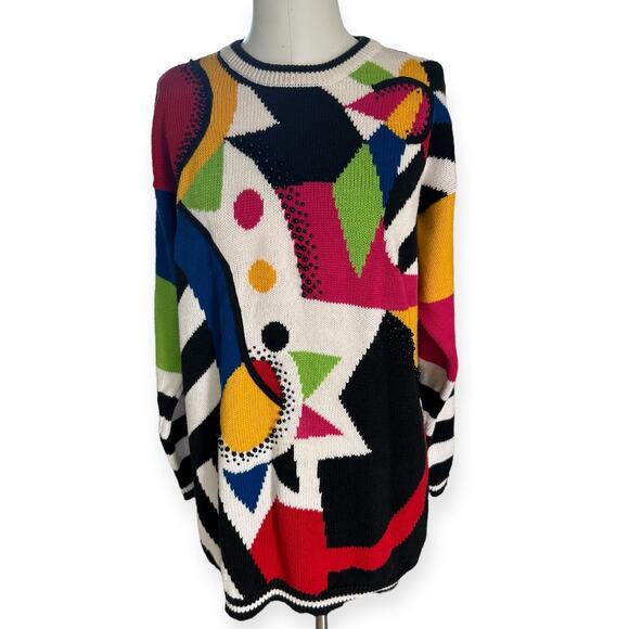 I.B. Diffusion Dresses & Skirts - Vintage I.B. Diffusion 90s Colorful Beaded Geometric Patterned Sweater Dress M